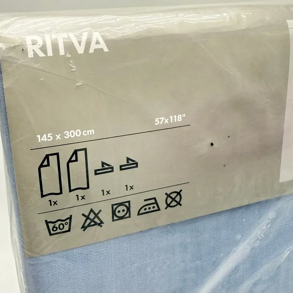 IKEA Ritva Light Blue Curtains w Tie Backs 57x128” Cotton Panels Pair Set of 2